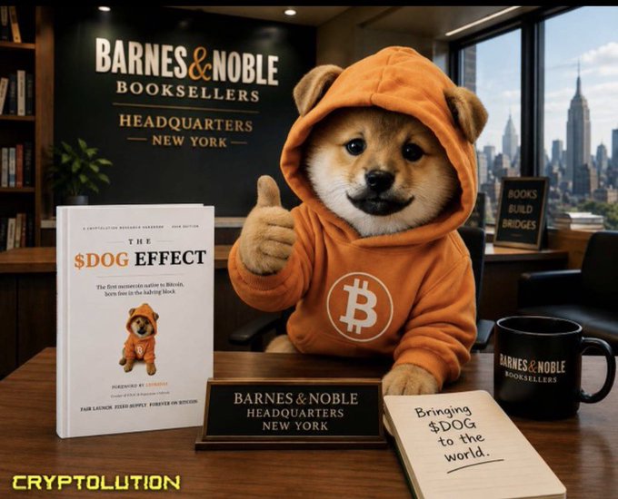 A Shiba Inu dog wearing an orange hoodie with a Bitcoin logo gives a thumbs-up next to a book titled 'THE $DOG EFFECT', with 'BARNES & NOBLE BOOKSELLERS HEADQUARTERS NEW YORK' signage in the background.