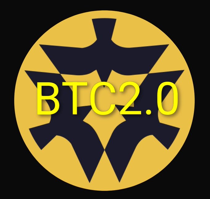 The image displays a Bitcoin 2.0 (BTC2.0) logo, featuring a stylized black emblem on a gold-yellow circular background with the text "BTC2.0" prominently shown. This cryptocurrency-related graphic appears alongside a post urging developer Gilgamesh-san at @caw_dev to expedite development progress on the CAW project.