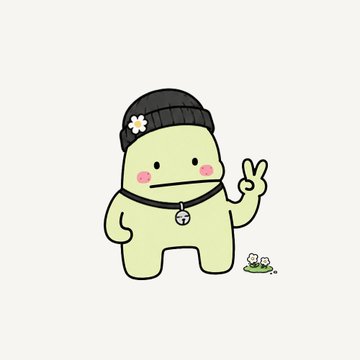 A cute cartoon illustration of a small light green character wearing a black beanie and necklace, making a peace sign.