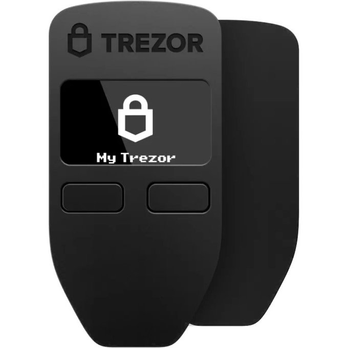 A black Trezor hardware cryptocurrency wallet displaying the 'My Trezor' lock screen on its small screen.