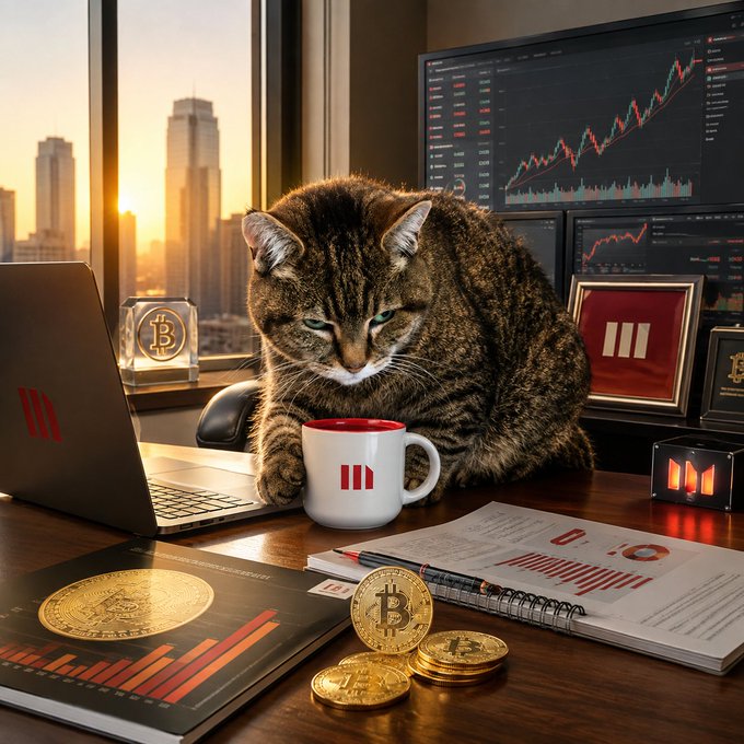 A tabby cat sits on a desk next to a mug and physical Bitcoin coins, with a laptop, financial charts, and a city skyline visible through the window in the background.