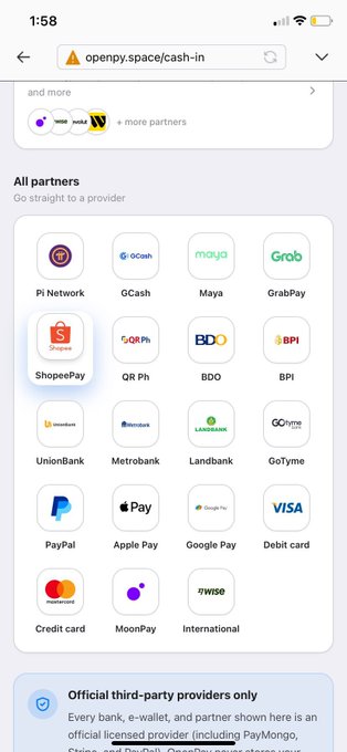 A screenshot of the OpenPay app displays a "Cash-In" page with partner logos including Pi Network, GCash, Maya, GrabPay, ShopeePay, QR Ph, BDO, BPI, UnionBank, Metrobank, Landbank, GoTyme, PayPal, Apple Pay, Google Pay, VISA, Mastercard, and MoonPay, illustrating the ecosystem's growth and partnerships referenced in the post.
