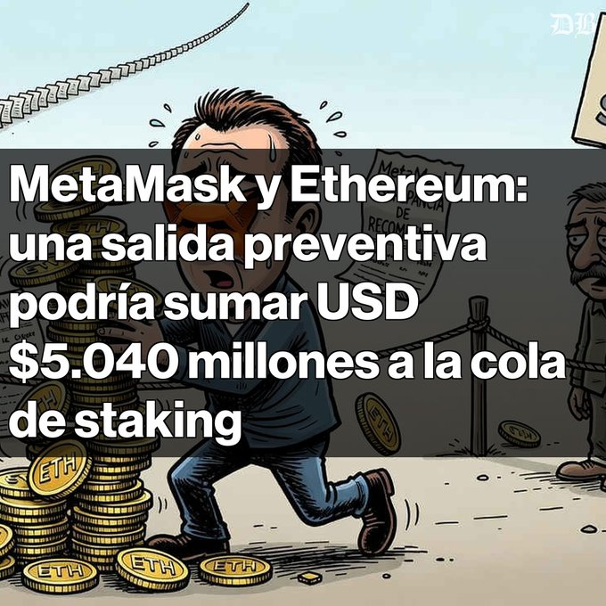 A cartoon illustration of a stressed man surrounded by stacks of ETH coins, overlaid with Spanish text reading: 'MetaMask y Ethereum: una salida preventiva podría sumar USD $5.040 millones a la cola de staking'.