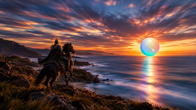 A dramatic sunset scene over the ocean features a figure on horseback silhouetted on a coastal cliff, with a glowing blue sphere hovering over the water near the setting sun.