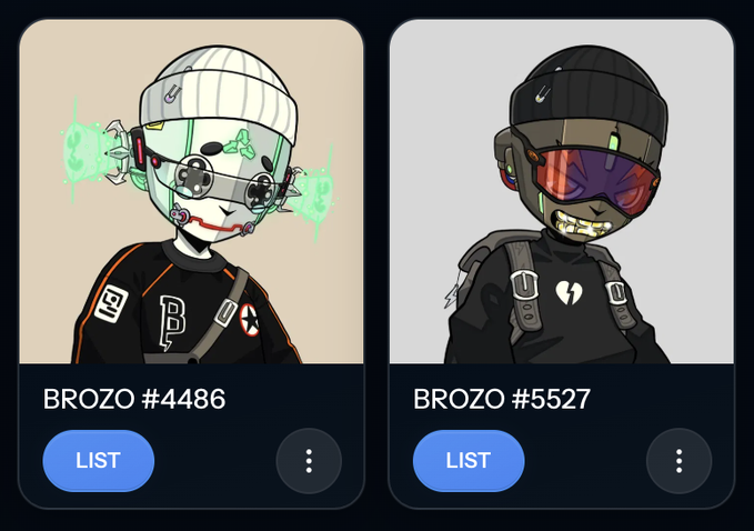 Two NFT character profile cards labeled 'BROZO #4486' (white-beanie character with green flames) and 'BROZO #5527' (black-beanie character with red sunglasses), both with 'LIST' buttons.