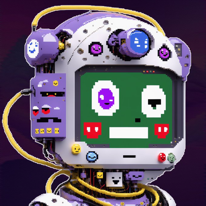 Pixel art illustration of a white and purple robot with a green screen face showing pixelated expressions, surrounded by yellow cables and small smiley face icons.