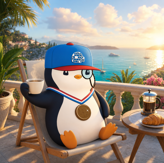 A cartoon penguin wearing a blue and red cap and a medal sits in a lounge chair on a terrace, holding a coffee cup while overlooking a Mediterranean coastal town at sunset.