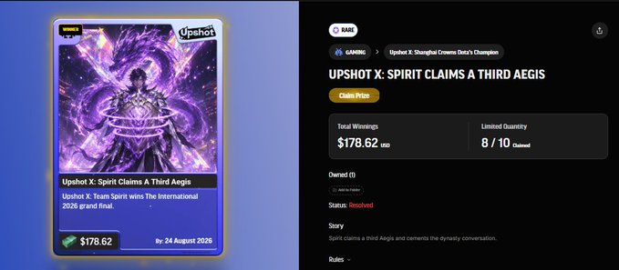 A digital trading card from Upshot titled "Upshot X: Spirit Claims A Third Aegis" shows a character in purple energy, priced at $178.62 by 24 August 2026, with the page indicating the status is Resolved.