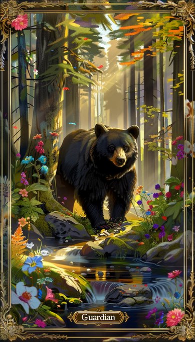 A majestic black bear stands amidst a sunlit forest with vibrant wildflowers and a gentle stream, framed by an ornate border with the label "Guardian" at the bottom, perfectly illustrating the NFT's tribute to nature's guardian.