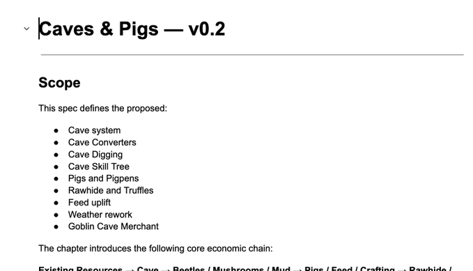 A document section titled 'Caves & Pigs — v0.2' outlines the scope of a spec, listing topics like Cave system, Cave Converters, and Goblin Cave Merchant.