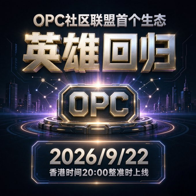 A promotional poster featuring the text "OPC社区联盟首个生态 英雄回归" (OPC Community Alliance First Ecosystem: Heroes Return), displaying a central "OPC" logo above the launch date "2026/9/22" with "香港时间20:00整准时上线" (Launching on time at 20:00 Hong Kong time), set against a futuristic blue cityscape.