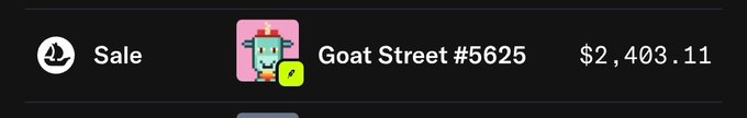 A sale notification showing "Goat Street #5625" selling for $2,403.11, illustrating the post's claim of the NFT's price surging from a $0 free mint to over $2,400.