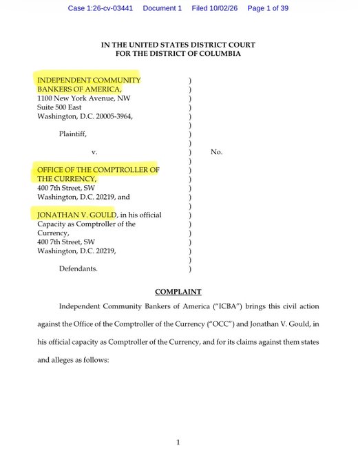 The first page of a legal complaint (Case 1:26-cv-03441) filed in the United States District Court for the District of Columbia by Independent Community Bankers of America against the Office of the Comptroller of the Currency and Jonathan V. Gould.