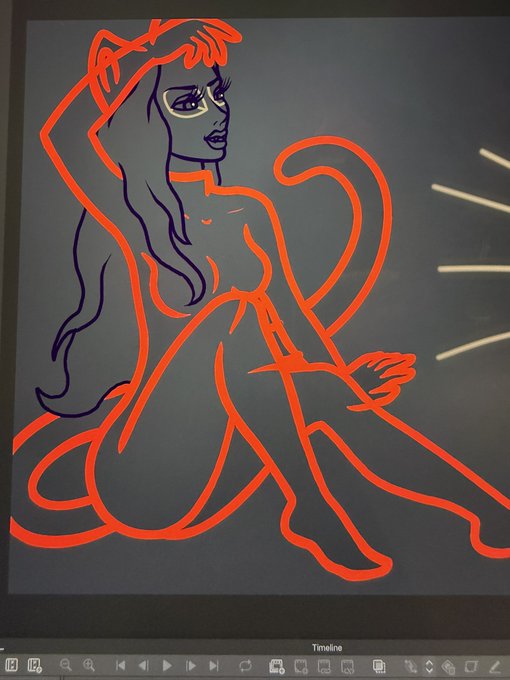 Digital drawing in progress showing a stylized female figure sketched in bright orange/red lines with purple hair details on a gray background.