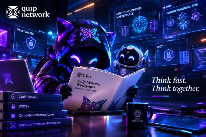 A promotional digital artwork for 'quip network' featuring two glowing-eyed robotic characters reading a 'Whitepaper', surrounded by floating tech interfaces like 'VAULT SYSTEM' and 'WOTS+', with the text 'Think fast. Think together.'