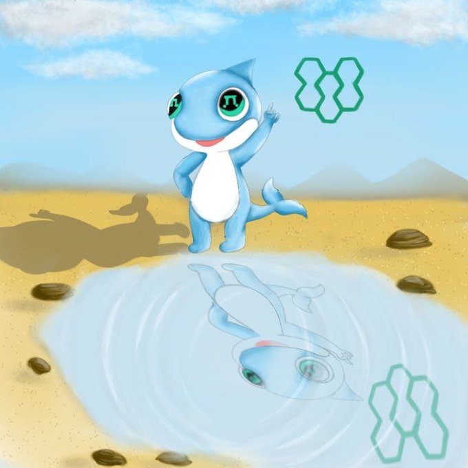 A blue cartoon character with large eyes stands on a sandy landscape next to a puddle showing its reflection, with green hexagonal logos floating nearby.