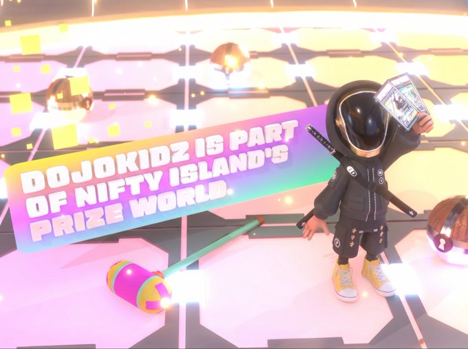 A 3D character in a black hoodie with a screen face holds up a card, with text reading 'DOJOKIDZ IS PART OF NIFTY ISLAND'S PRIZE WORLD.' over a colorful game environment.