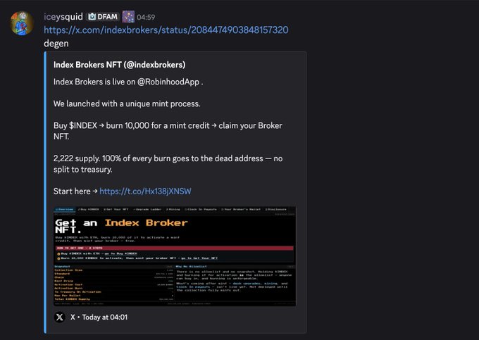 A Discord user posts a screenshot of Index Brokers (@indexbrokers) announcing the launch of their NFT collection on Robinhood, featuring a 2,222 supply with 100% of burns going to a dead address, referencing their "$INDEX" token burn-to-mint process. The accompanying comment celebrates the launch, noting users bought 20k $INDEX at $2 to mint 2 Index Brokers NFTs, with a current floor of 0.0097 ETH and ATH of 0.015 ETH.