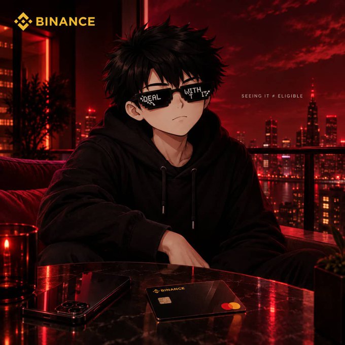 An anime-style illustration featuring Binance branding, showing a young man wearing pixel-art sunglasses that read 'DEAL WITH IT' in a red-lit cityscape with a Binance card on the table.