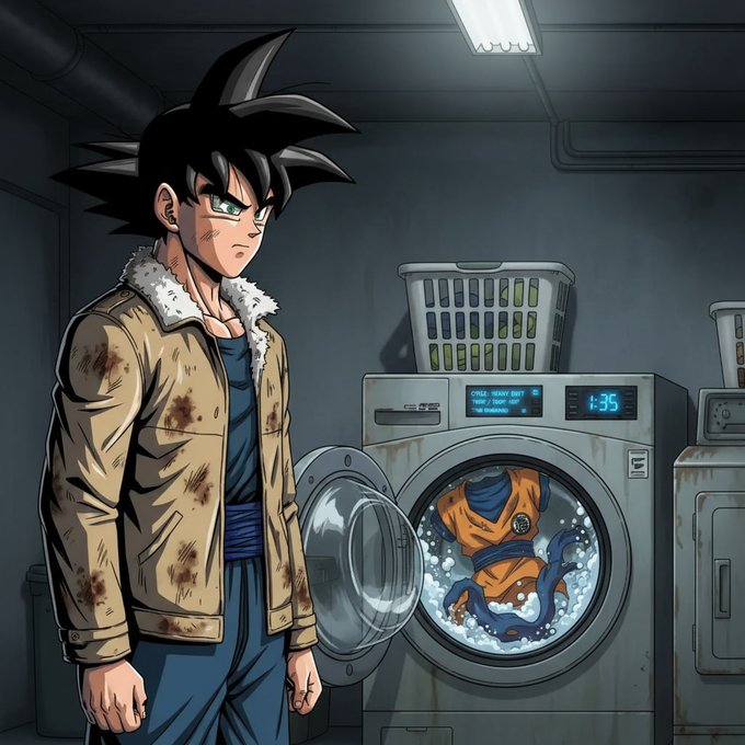 An anime-style illustration of a spiky-haired character in a dirty tan jacket standing in a dimly lit laundry room, watching an orange martial arts gi spin in a front-loading washing machine.