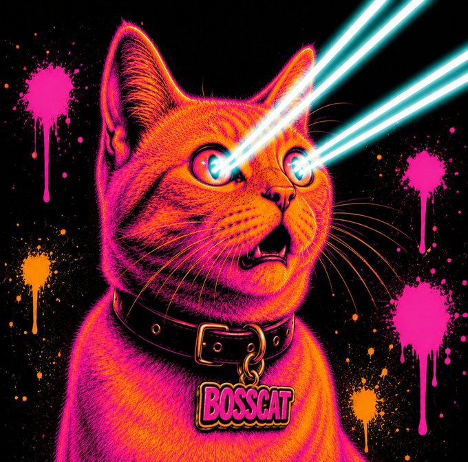 A vibrant pink and orange cat with glowing laser eyes wears a collar tag reading "BOSSCAT" against a black background with paint splatters.
