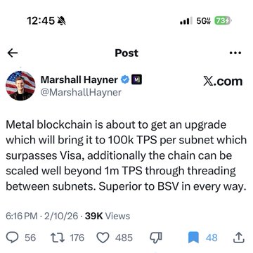 A screenshot of a X.com post by Marshall Hayner (@MarshallHayner) claiming "Metalblockchain is about to get an upgrade which will bring it to 10k TPS per subnet which surpasses Visa, additionally the chain can be scaled well beyond 1m TPS through threading between subnets. Superior to BSV in every way," with 39K views. The caption about Bank of Japan's CBDC pilot program relates to the post's TPS scaling claims, both highlighting blockchain throughput performance.