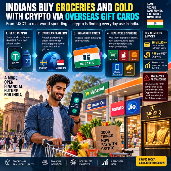 An infographic titled 'INDIANS BUY GROCERIES AND GOLD WITH CRYPTO VIA OVERSEAS GIFT CARDS' illustrating the 4-step process from USDT to real-world spending, noting '16 MILLION+ cards' and '₹88 per USDT (approx)'.