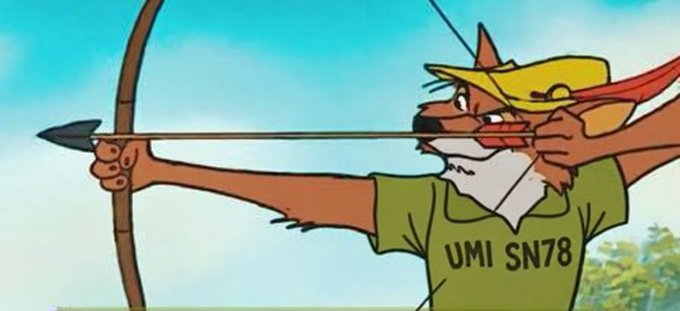 A cartoon fox character wearing a green shirt labeled 'UMI SN78' draws back a bow and arrow, aiming toward the left.