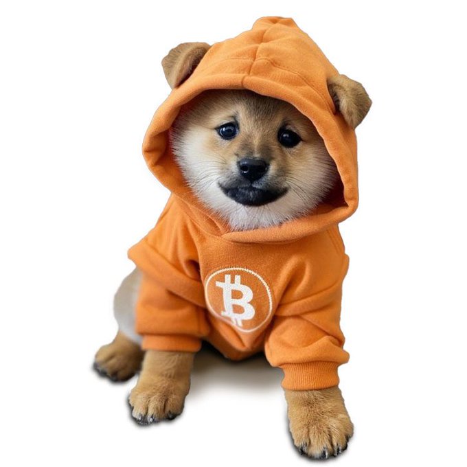 A small Shiba Inu puppy sits wearing an orange hoodie featuring a white Bitcoin (₿) logo on the front, set against a plain white background.