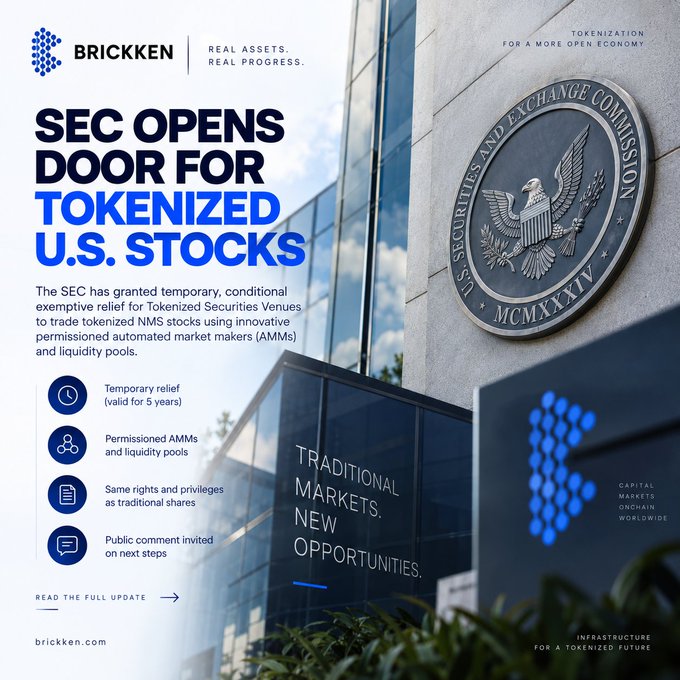 An infographic from Brickken titled 'SEC Opens Door for Tokenized U.S. Stocks' featuring the SEC seal and highlighting temporary relief for tokenized securities trading.