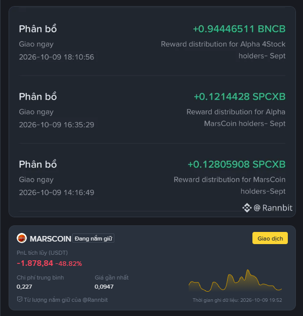 A Vietnamese-language app screenshot showing token reward distributions from @Rannbit for BNCB and SPCXB holders, along with a MARSCOIN price chart showing a 48.82% decline.