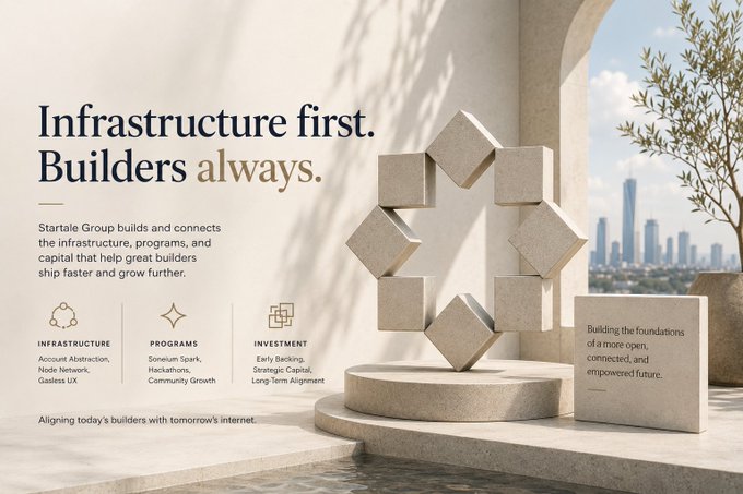 A promotional webpage for Startale Group with the headline 'Infrastructure first. Builders always.', highlighting categories like Infrastructure, Programs, and Investment, alongside a 3D stone sculpture.