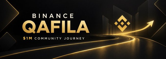 The image is a sleek black and gold promotional banner for "Binance Qafila – $1M Community Journey," featuring the Binance logo and a glowing upward arrow symbolizing growth, which visually reinforces the post's message about the diverse ways users engage with Binance's ecosystem through trading, Simple Earn, and community referrals as part of the Qafila campaign.