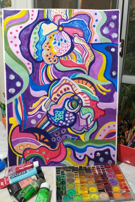 A vibrant, abstract painting titled "The Resonance of Being" is displayed alongside art supplies, including an acrylic paint tube marked "Acrylique" and a watercolor palette. The colorful piece, featuring swirling patterns in purple, pink, and green, was sold and collected by @ArtMonochrome2, whose support was greatly appreciated by the artist.