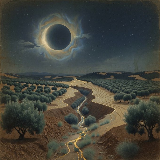 A surreal landscape painting depicting a total solar eclipse over rolling hills with olive groves, while a winding golden river carves through brown fields below.