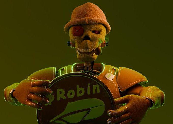 A 3D-rendered skeletal figure wearing a beanie and orange jacket holds a shield displaying the Robinhood logo and the name "Robin" against a dark green background.