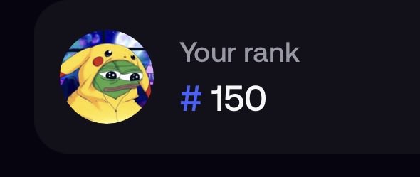 A dark interface showing "Your rank #150" next to a profile picture of Pepe the Frog wearing a Pikachu costume.