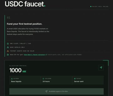 The image shows the FX100 USDC faucet page, which provides a small USDC allocation for trying FX100 markets on Base Sepolia, with users able to claim 1000 USDC every 24 hours via a server-sent Base Sepolia faucet. This relates to the FX100 testnet airdrop opportunity, as it's the first step where users obtain testnet USDC to begin trading on the platform.