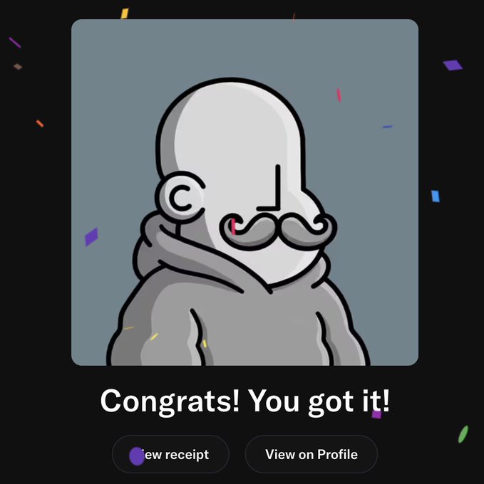 A celebratory screen featuring a cartoon character with a curled mustache and grey hood appears with confetti falling around it, displaying the text "Congrats! You got it!" along with buttons labeled "View receipt" and "View on Profile." The image relates to the post by marking a successful purchase, likely a collectible NFT or NPC avatar, as part of a daily buying streak.