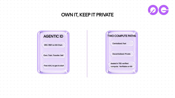 An infographic titled 'OWN IT, KEEP IT PRIVATE' with two purple panels describing 'AGENTIC ID' features (ERC-7857 on OG Chain) and 'TWO COMPUTE PATHS' (Centralized vs Decentralized).