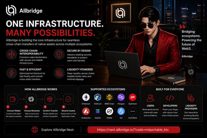 An Allbridge promotional graphic titled 'ONE INFRASTRUCTURE. MANY POSSIBILITIES.' highlighting features like cross-chain interoperability, secure by design, fast & efficient, and liquidity powered, alongside a man working on a laptop.