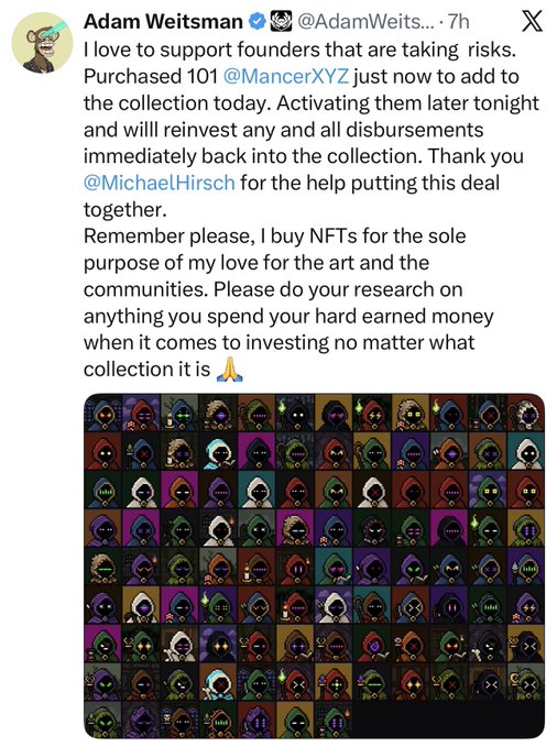 A tweet from verified user @AdamWeitsman announcing the purchase of 101 @MancerXYZ NFTs, featuring a grid of colorful hooded pixel art character icons below the text.