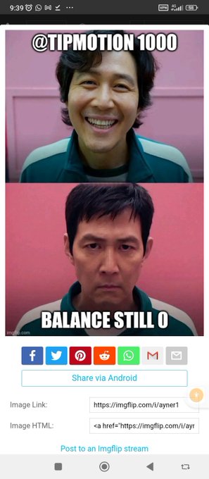 A mobile screenshot of an Imgflip meme showing two images of a man with the text '@TIPMOTION 1000' and 'BALANCE STILL 0'.