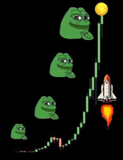 This meme shows Pepe the Frog looking up at a rapidly rising green candlestick chart, with a rocket launching and a moon at the peak, visually representing a significant price increase for $PEPE.
