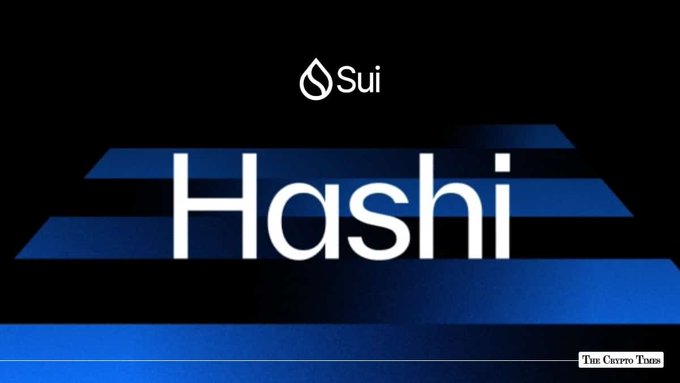 The image displays the "Hashi" logo with the Sui blockchain logo above it against a dark blue background, promoting the launch of Hashi—a bridge bringing Bitcoin collateral into Sui's DeFi ecosystem. A small "The Crypto Times" watermark appears in the bottom right corner, reinforcing the post's announcement of Hashi's $500M+ launch and its role in connecting BTC to Sui liquidity.