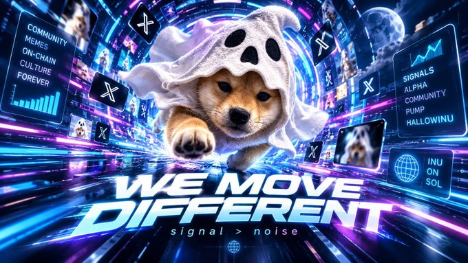 A promotional graphic featuring a Shiba Inu dog wearing a white ghost sheet, surrounded by floating X logos and the text 'WE MOVE DIFFERENT signal > noise', 'COMMUNITY MEMES ON-CHAIN CULTURE FOREVER', 'SIGNALS ALPHA COMMUNITY PUMP HALLOWINU', and 'INU ON SOL'.