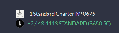 A financial notification showing a stock position change: '-1 Standard Charter Nº 0675' resulting in '+2,443.4143 STANDARD ($650.50)'.