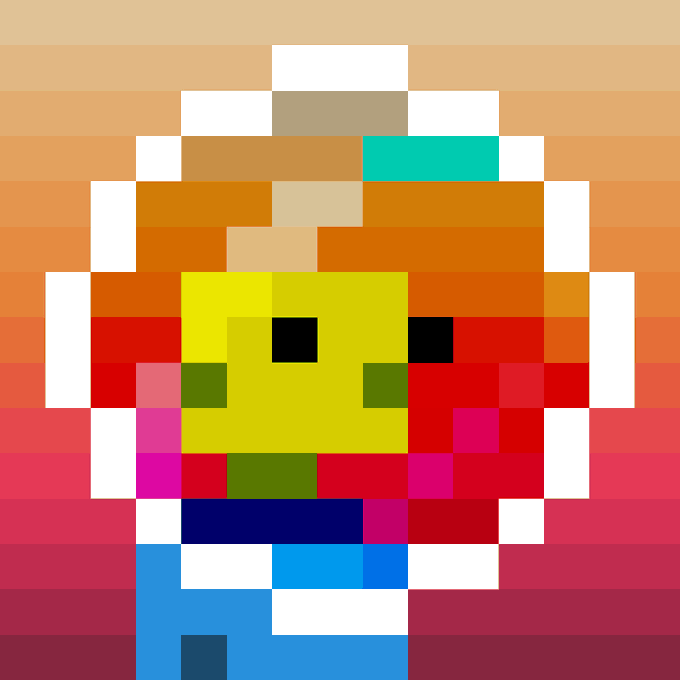 A heavily pixelated image featuring a yellow smiley face with green eyes in the center against a colorful background.