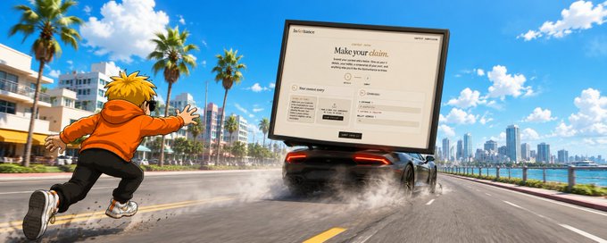 A digital artwork showing an anime-style character with spiky blonde hair and an orange hoodie running alongside a sports car on a city street, with a large screen floating above the car displaying a 'Make your claim' page from BestStake.