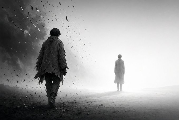 A black-and-white anime-style illustration depicts a cloaked figure walking toward a distant, smaller figure shrouded in light, with debris swirling in a dark stormy atmosphere on the left.